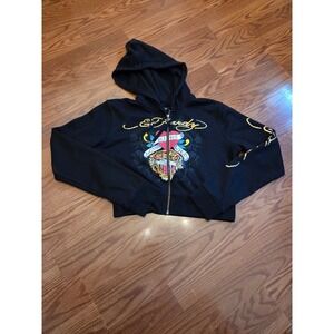 Ed Hardy‎ Womens Black Full Zip Hoodie Tiger Heart Tattoo Graphic Size L